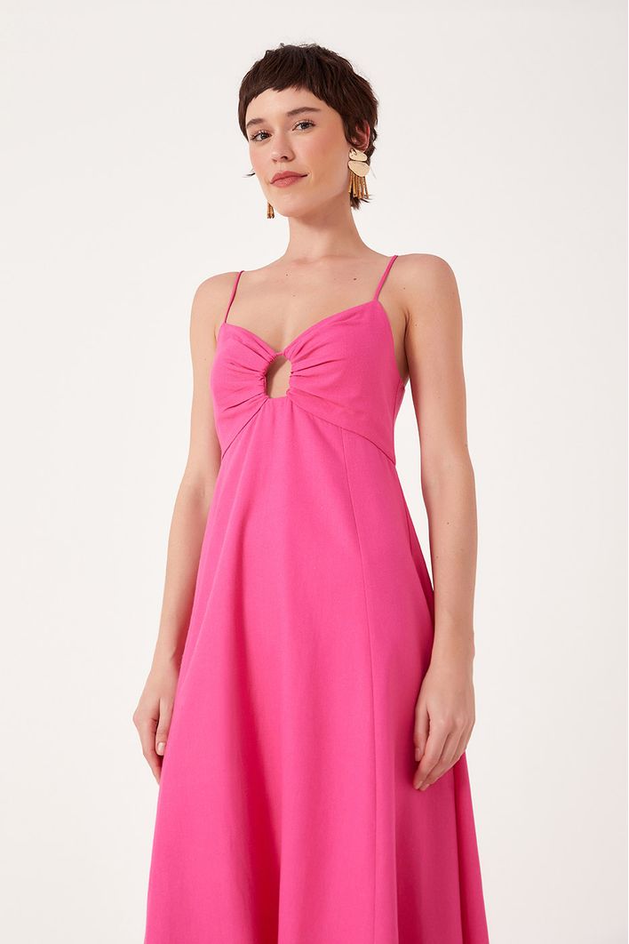 Vestido Linho Longuete Detalhe Busto