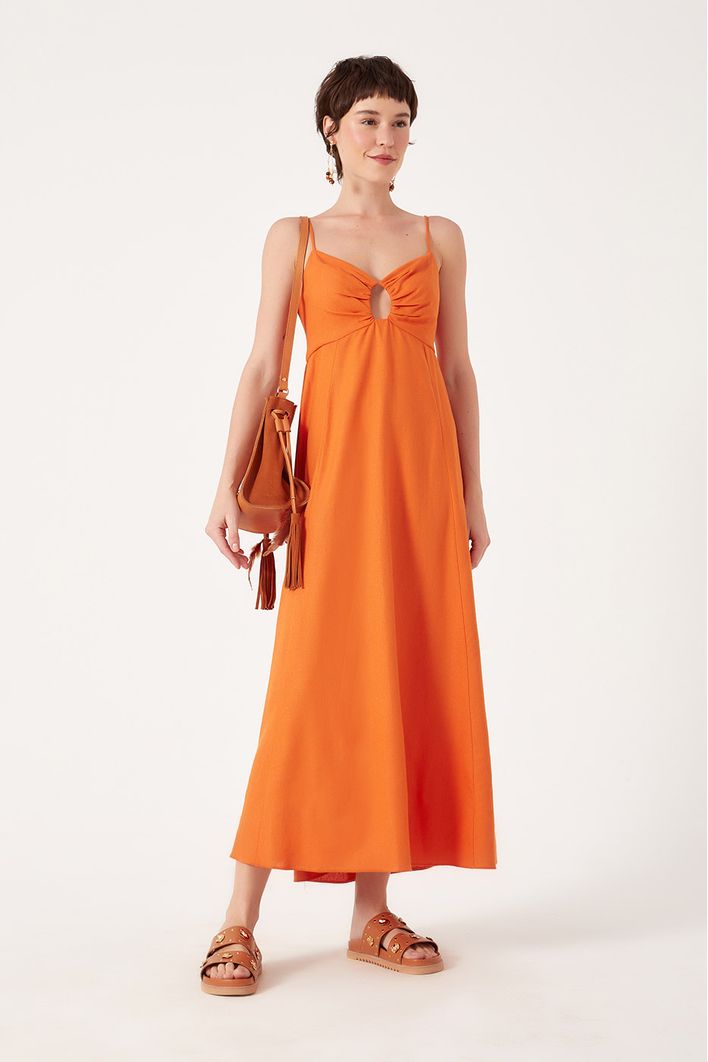 Vestido Linho Longuete Detalhe Busto