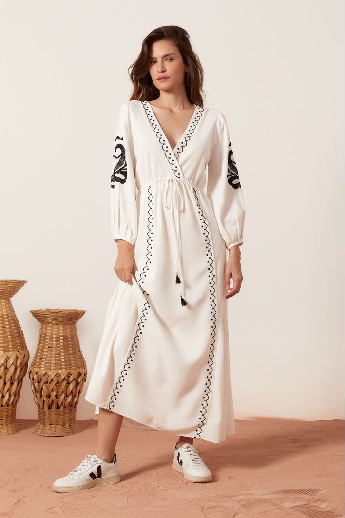 Vestido Linho Longuete Bordado Black