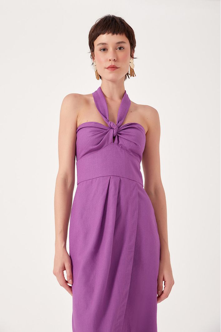 Vestido Midi Linho Busto Torcido