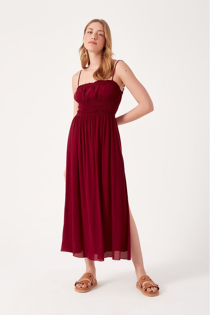 Vestido Longuete Crepe Busto Franzido