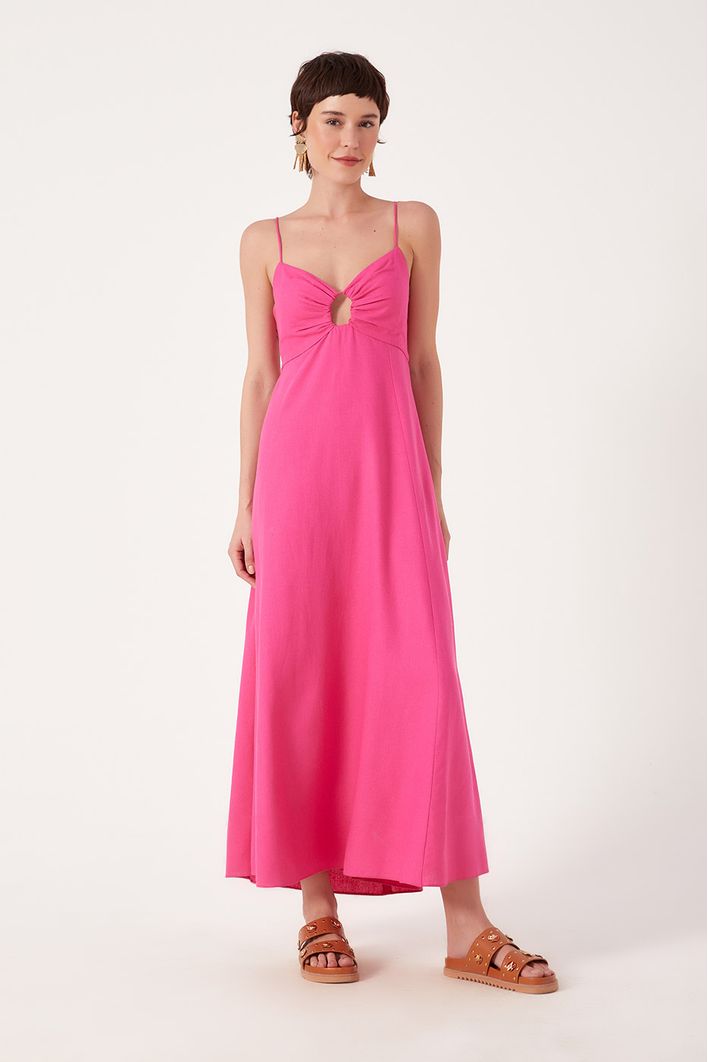 Vestido Linho Longuete Detalhe Busto