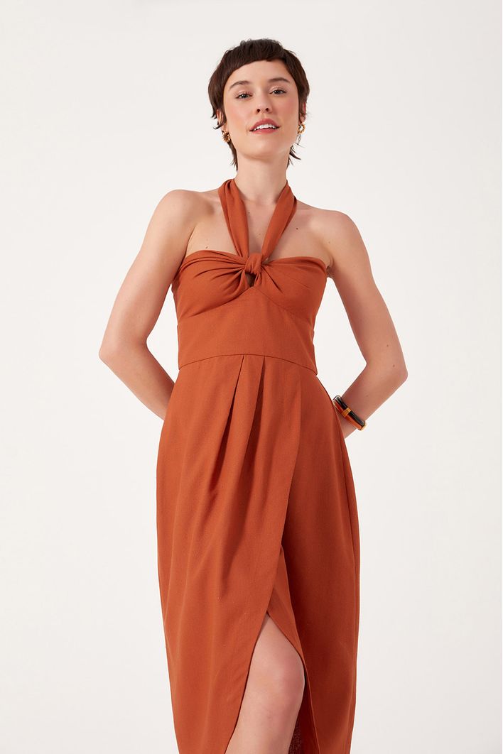 Vestido Midi Linho Busto Torcido
