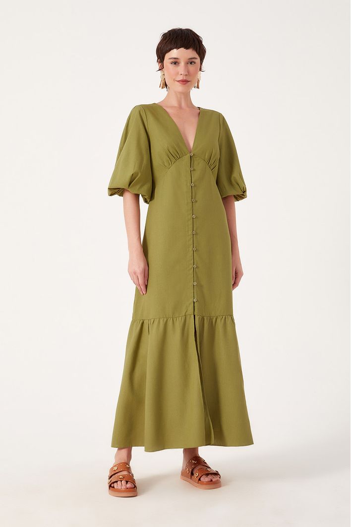 Vestido Linho Longuete Botao Frente