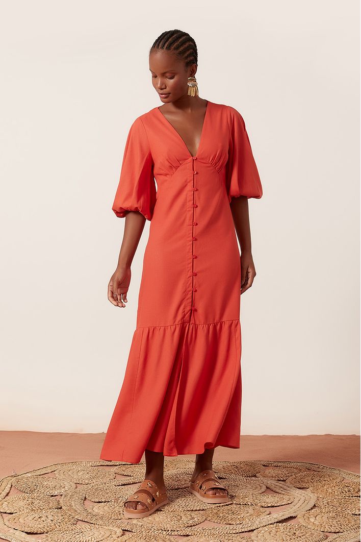 Vestido Linho Longuete Botao Frente