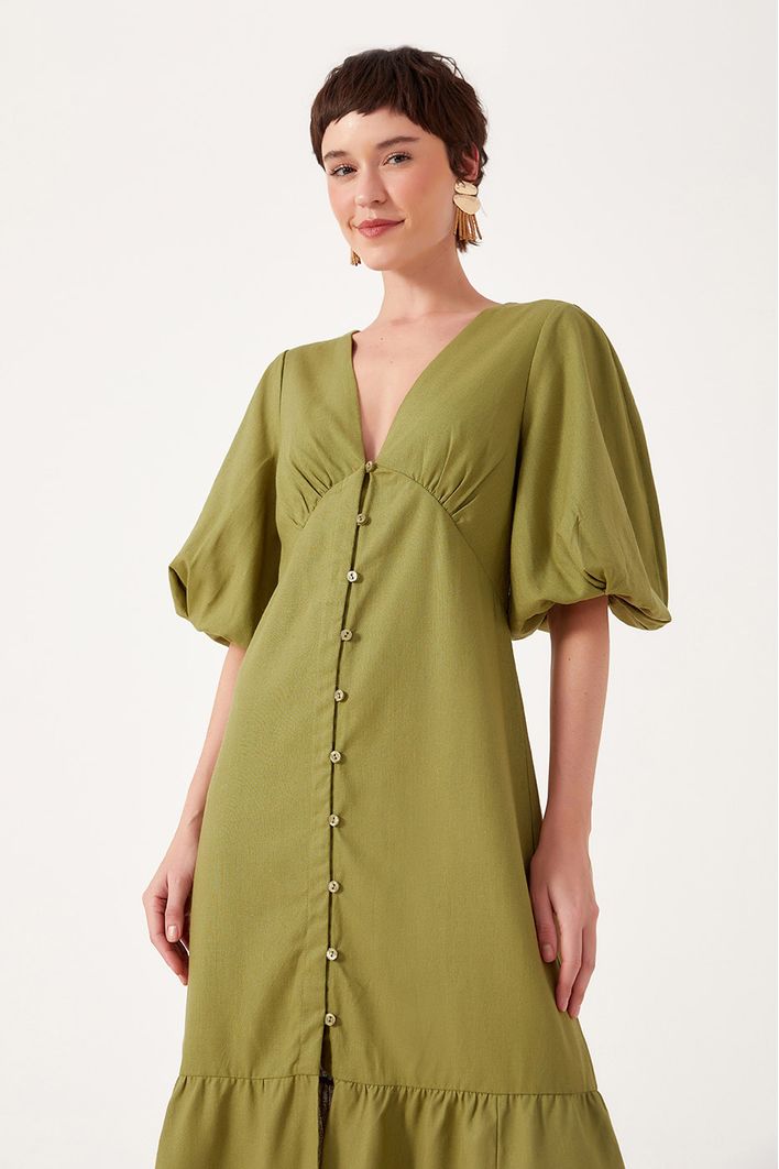 Vestido Linho Longuete Botao Frente