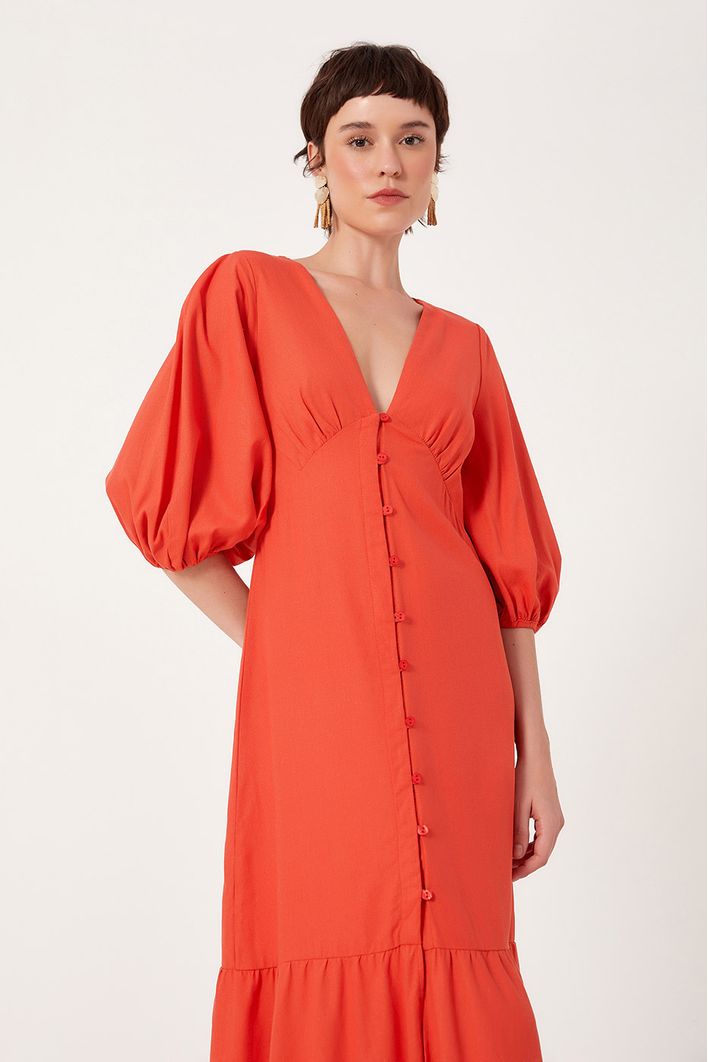 Vestido Linho Longuete Botao Frente