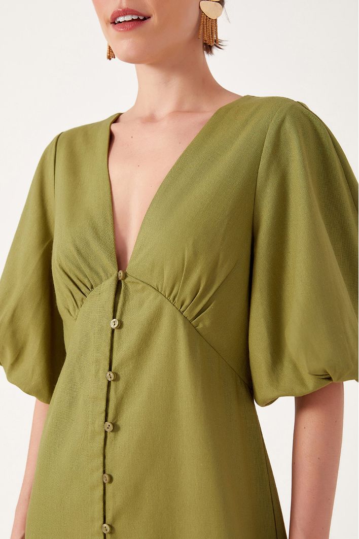 Vestido Linho Longuete Botao Frente