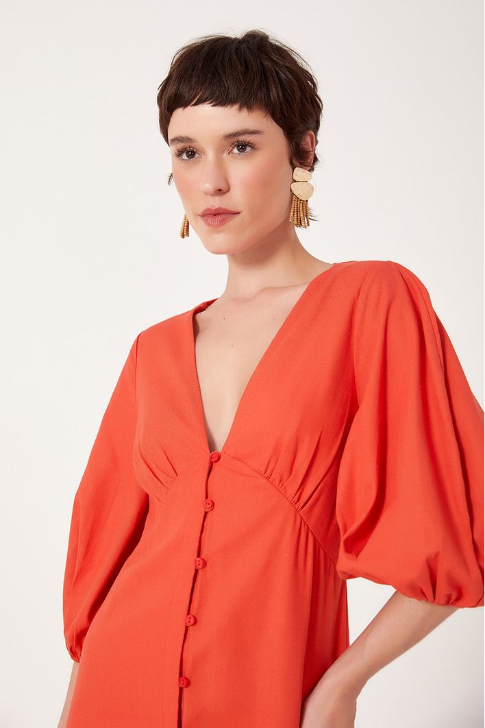 Vestido Linho Longuete Botao Frente