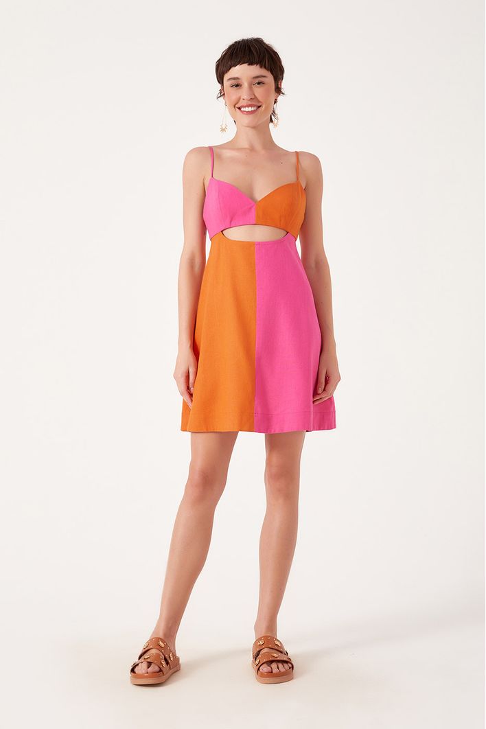 Vestido Curto Linho Bicolor
