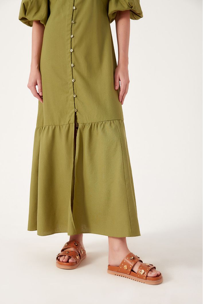 Vestido Linho Longuete Botao Frente