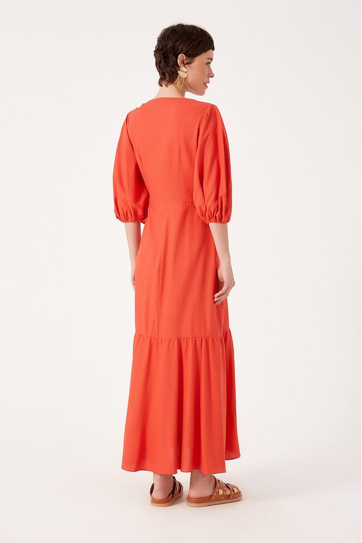 Vestido Linho Longuete Botao Frente