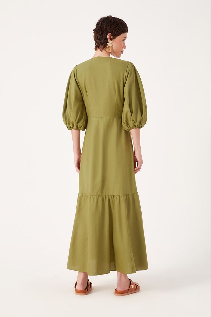Vestido Linho Longuete Botao Frente