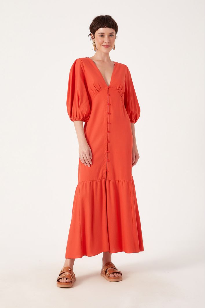 Vestido Linho Longuete Botao Frente