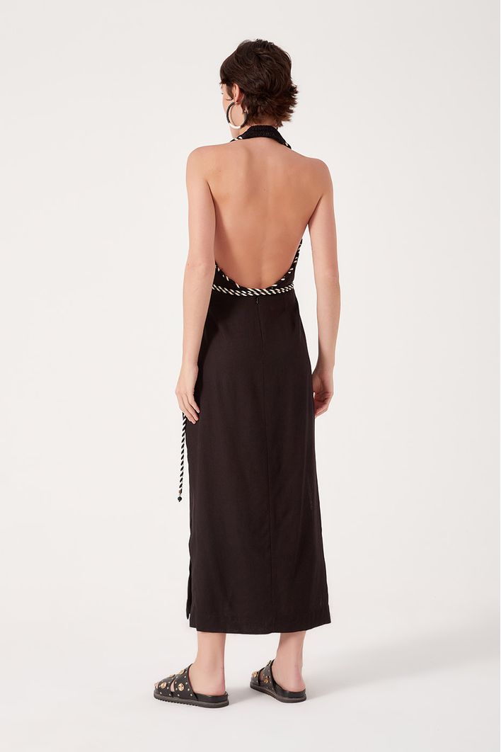 Vestido Midi Linho Com Cadarco E Bordado