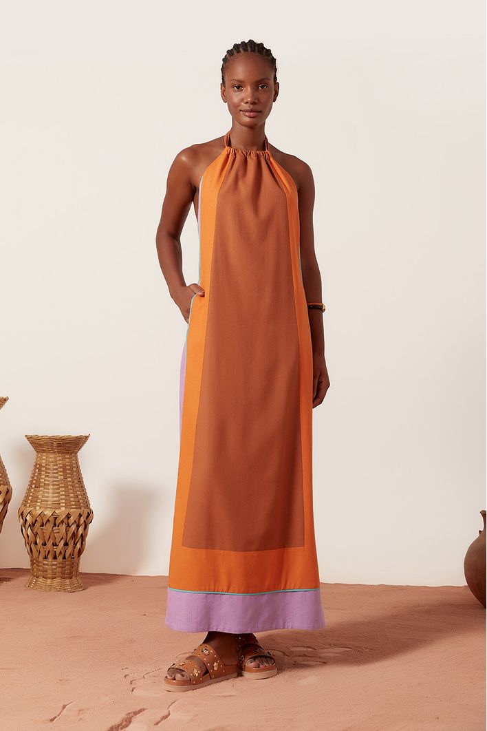 Vestido Linho Longuete Recortes Color