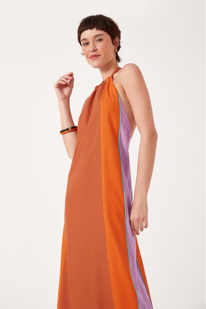 Vestido Linho Longuete Recortes Color
