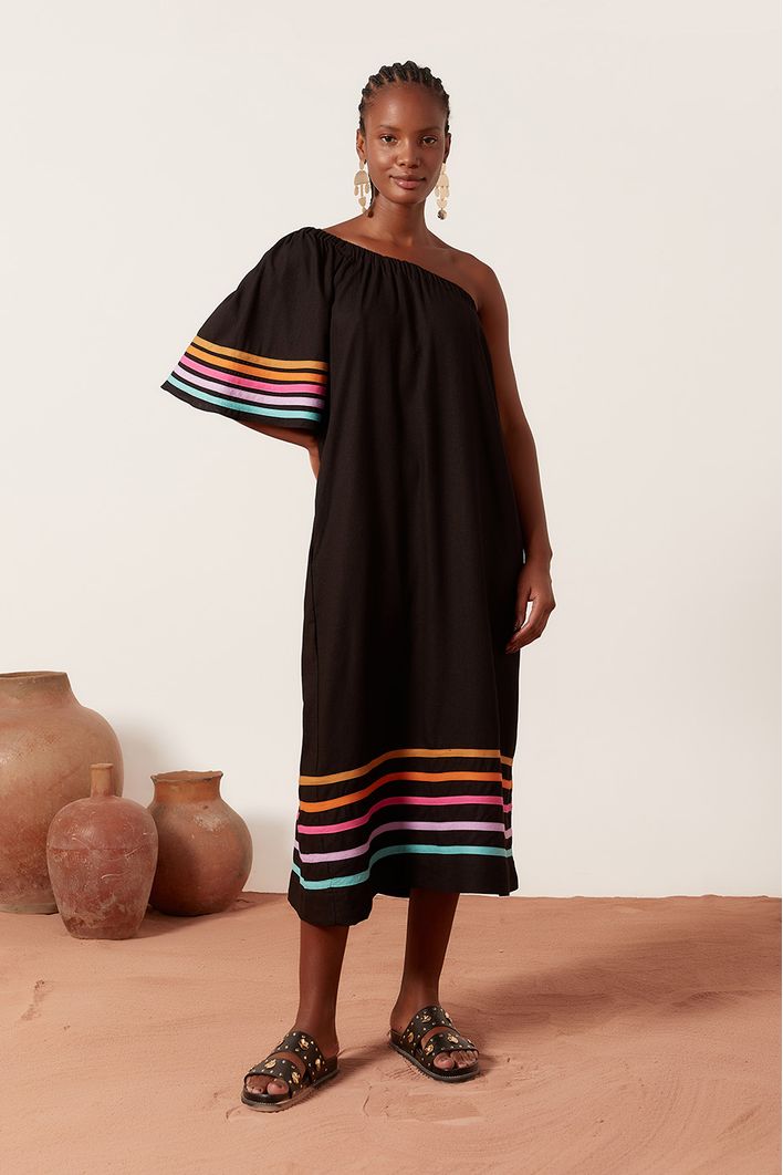 Vestido Linho Manga Com Vivos Coloridos