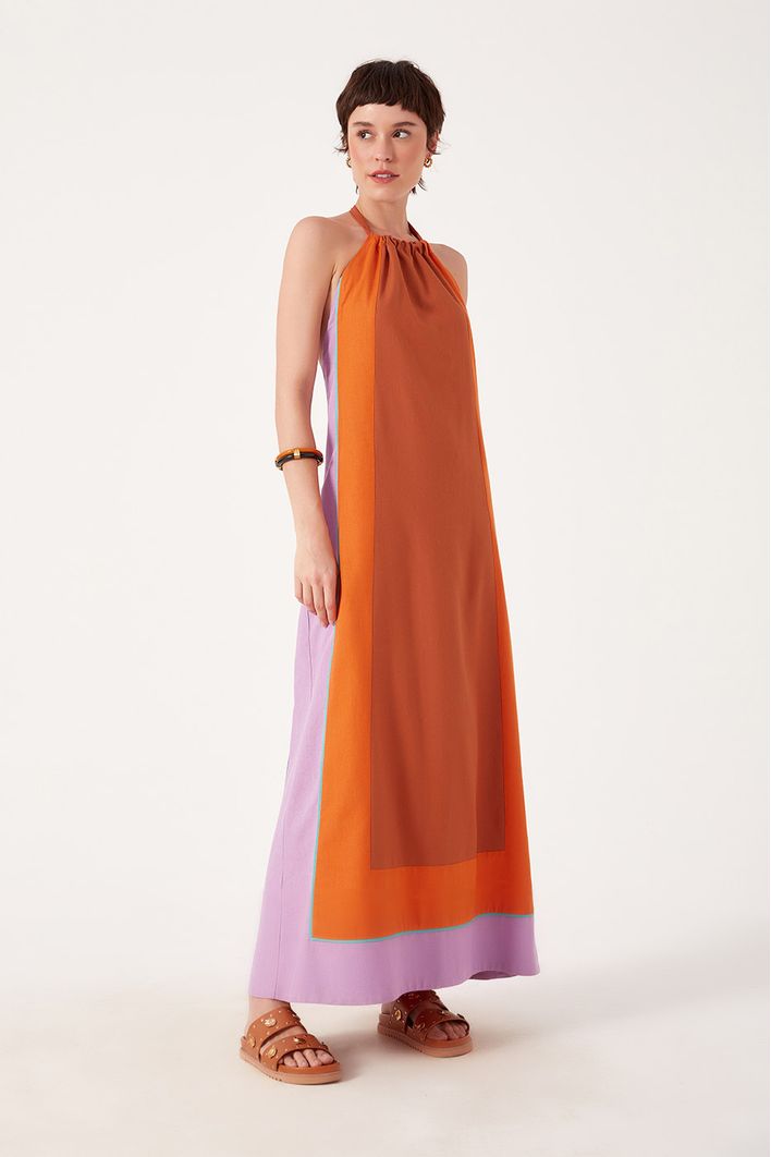 Vestido Linho Longuete Recortes Color