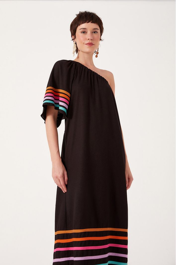 Vestido Linho Manga Com Vivos Coloridos