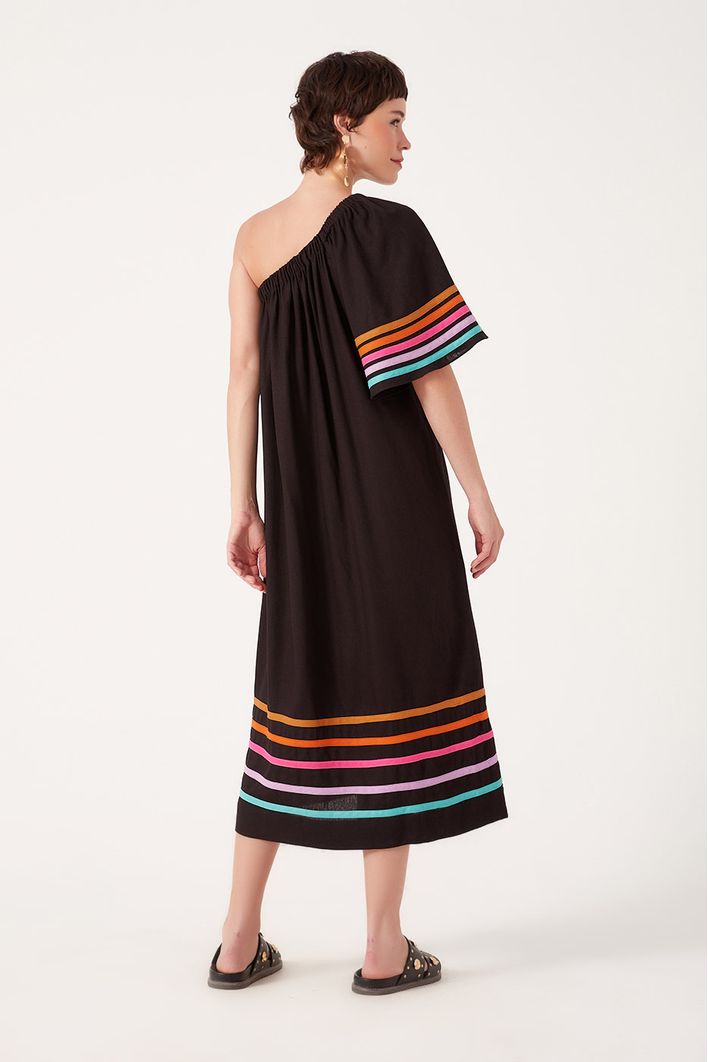 Vestido Linho Manga Com Vivos Coloridos