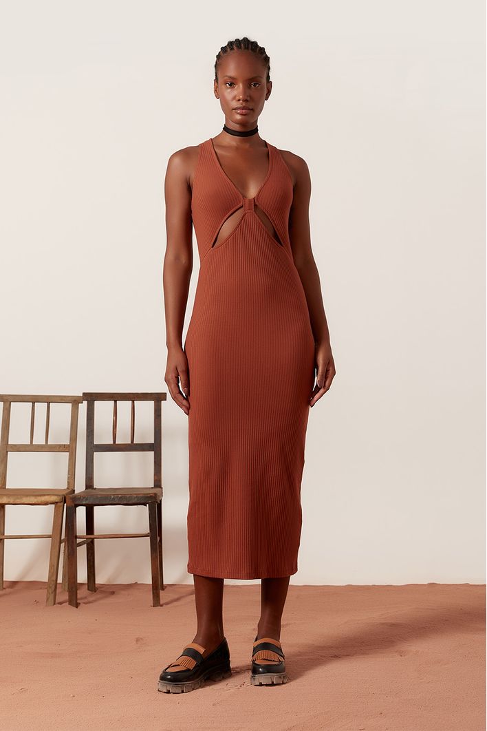 Vestido Decote Fenda Canelado