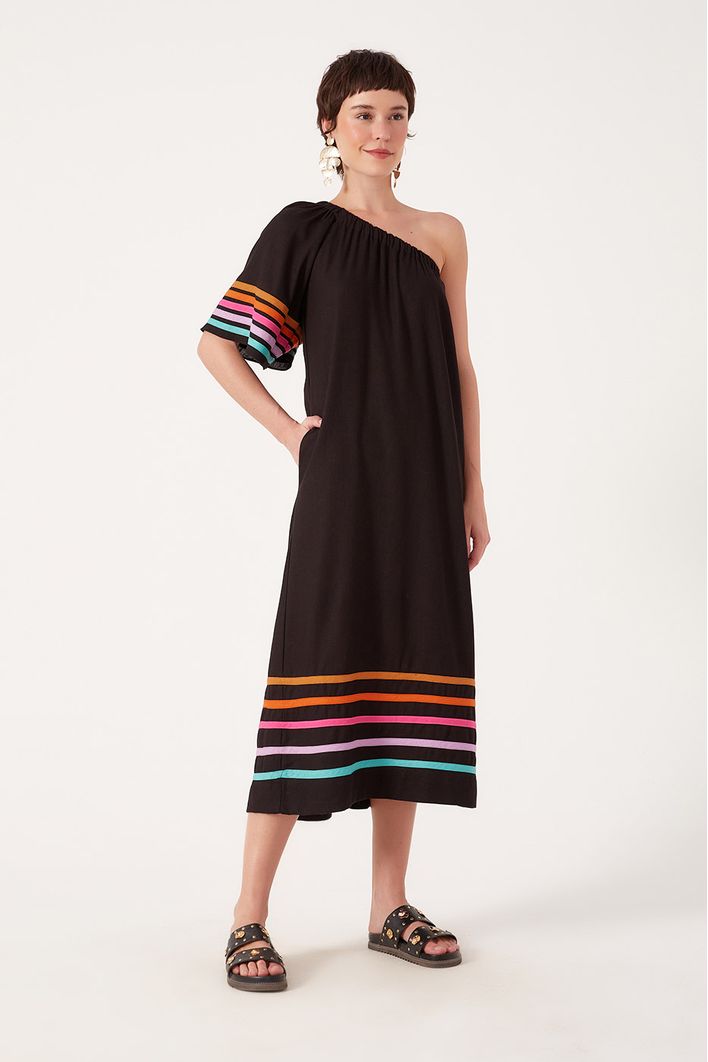 Vestido Linho Manga Com Vivos Coloridos