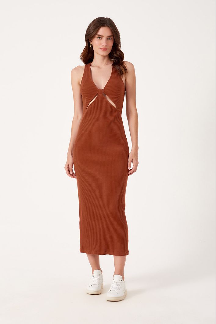 Vestido Decote Fenda Canelado