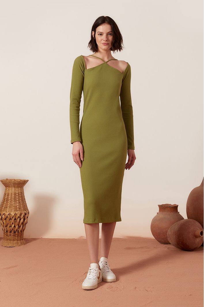 Vestido Ombro Vazado Malha Canelada