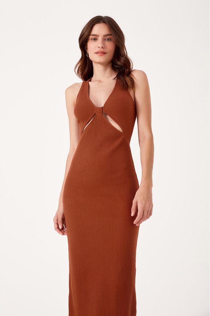 Vestido Decote Fenda Canelado