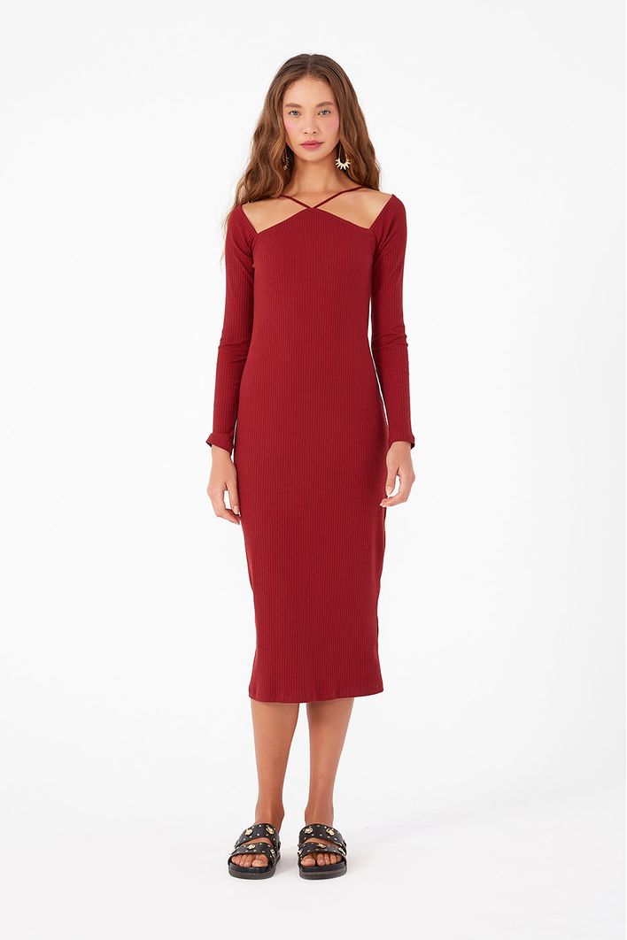 Vestido Ombro Vazado Malha Canelada