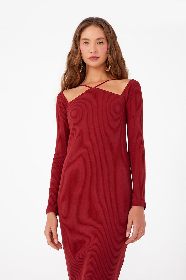 Vestido Ombro Vazado Malha Canelada