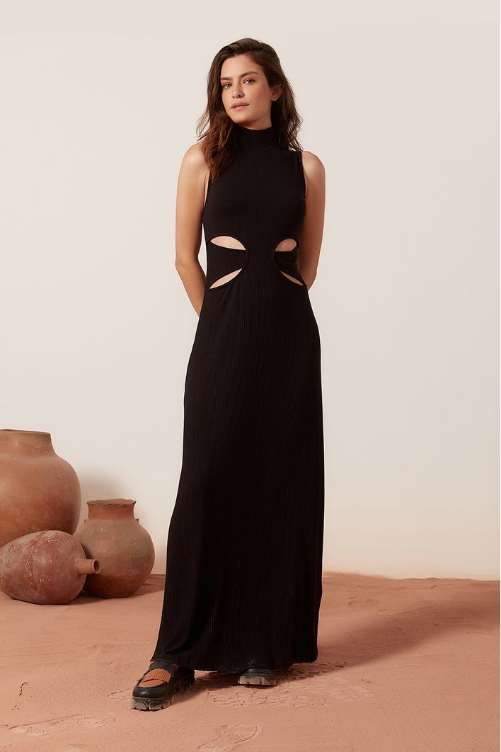 Vestido Canelado Cintura Vazada