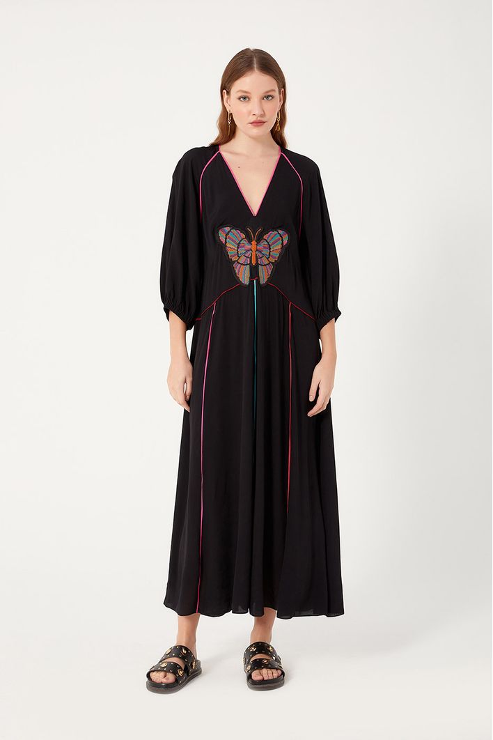 Vestido Crepe Midi Bordado Borboleta