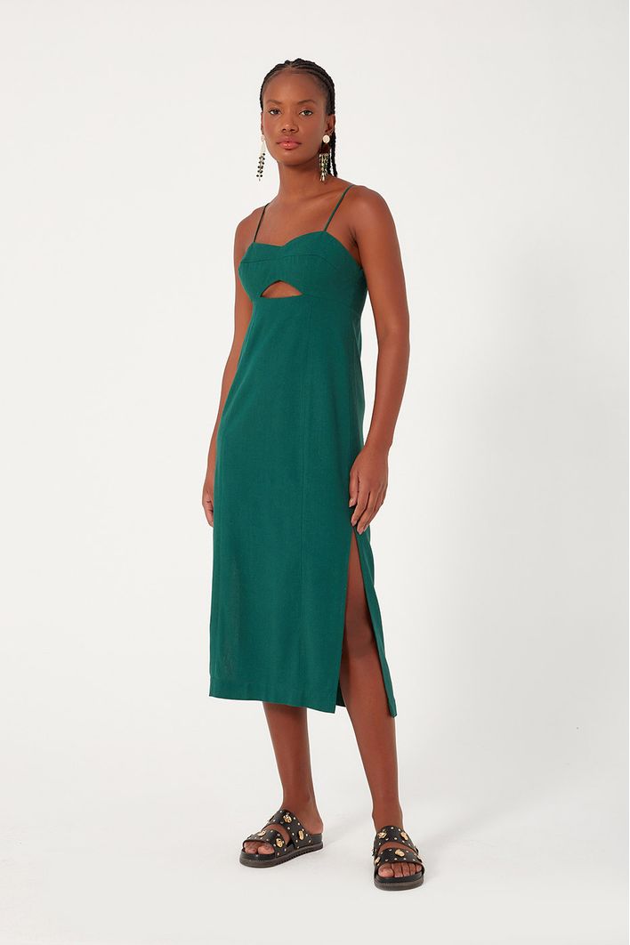 Vestido Linho Midi Com Fenda