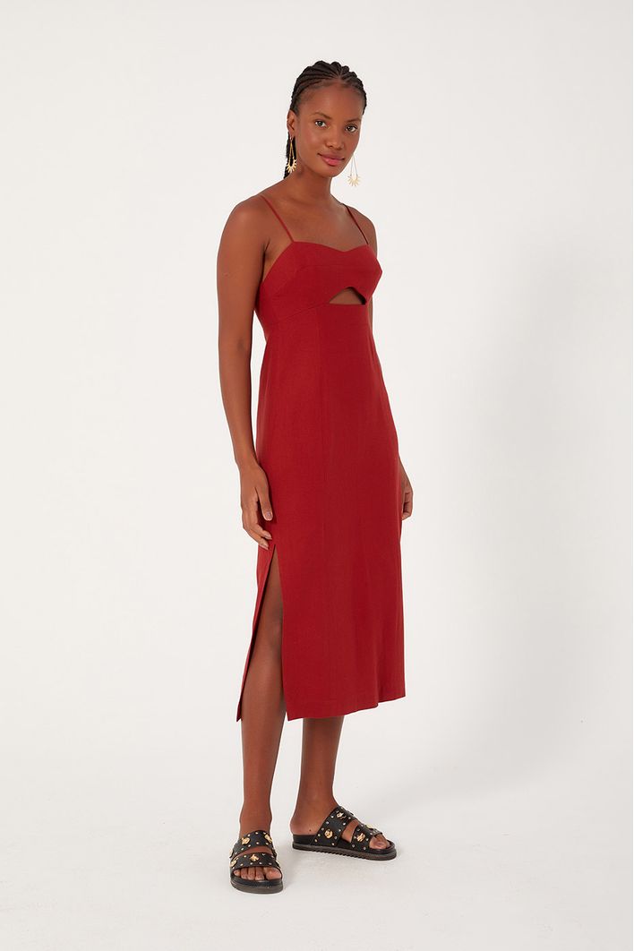 Vestido Linho Midi Com Fenda