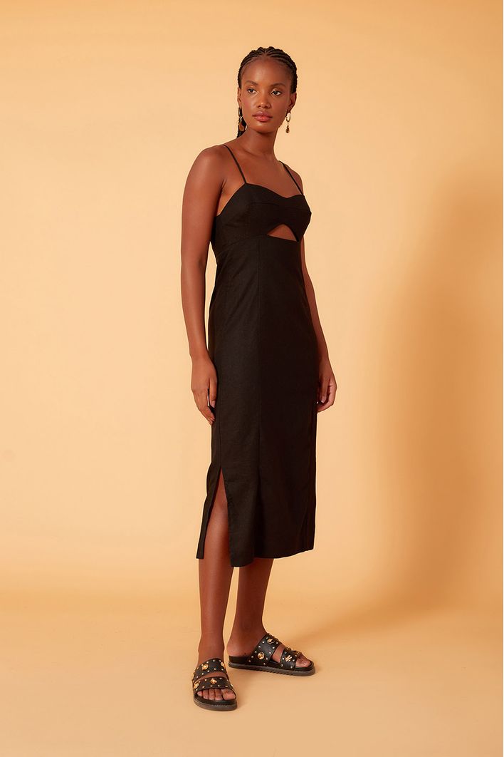 Vestido Linho Midi Com Fenda
