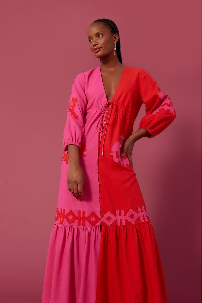 Vestido Longuete Linho Bicolor Bordado