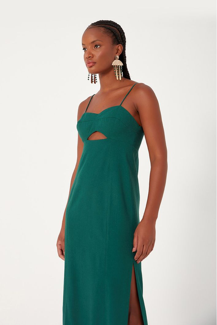 Vestido Linho Midi Com Fenda