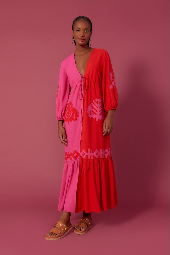 Vestido Longuete Linho Bicolor Bordado