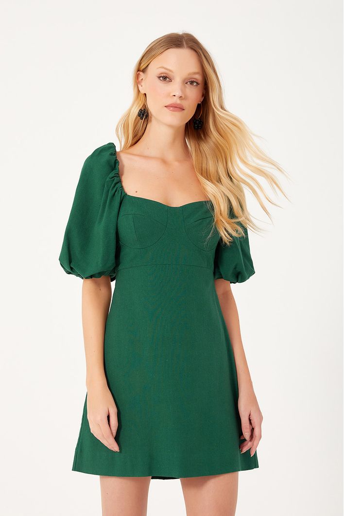 Vestido Curto Linho Manga Bufante