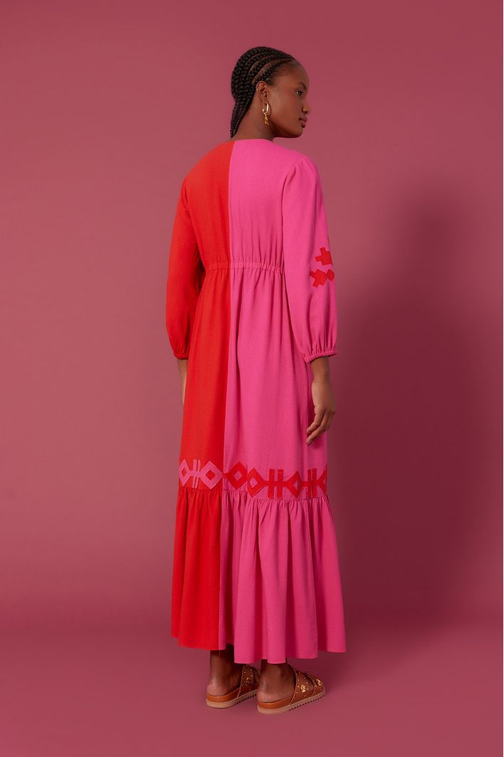 Vestido Longuete Linho Bicolor Bordado