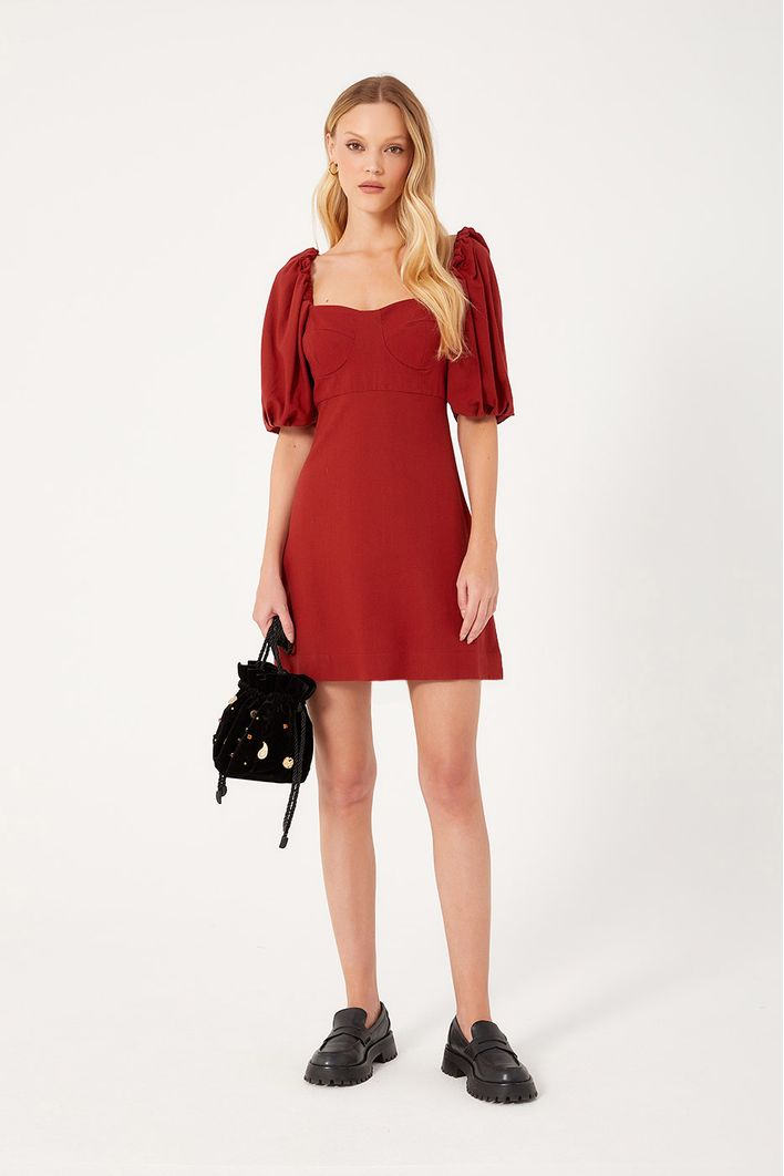 Vestido Curto Linho Manga Bufante