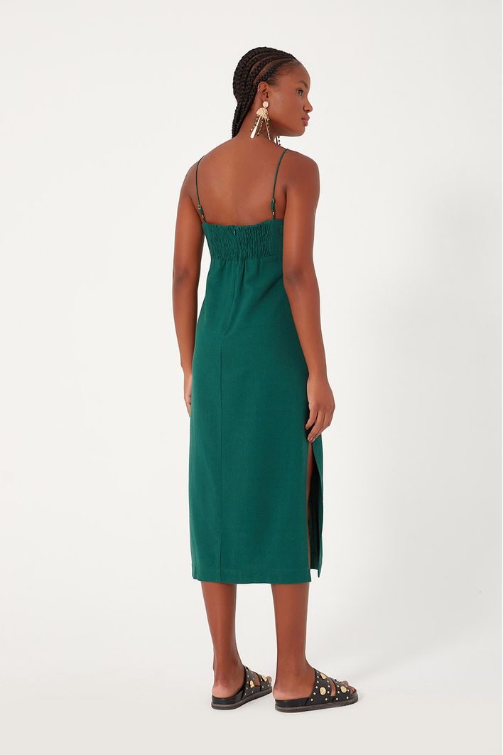 Vestido Linho Midi Com Fenda