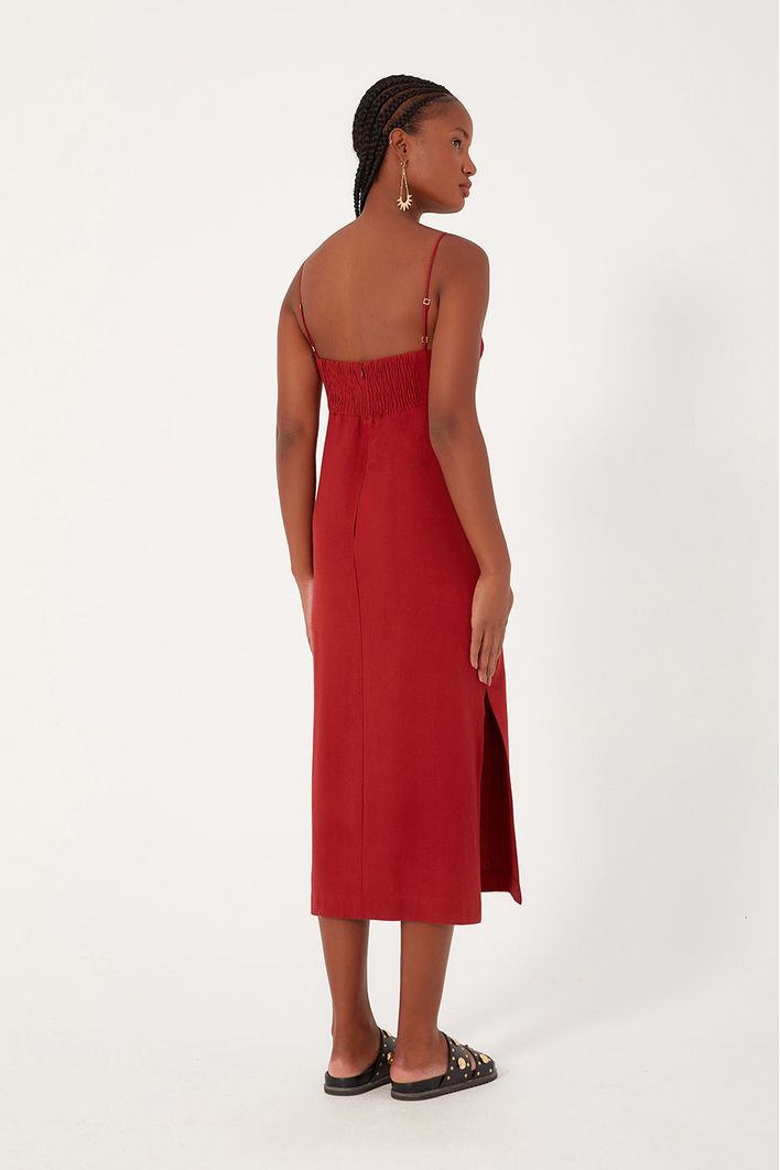 Vestido Linho Midi Com Fenda