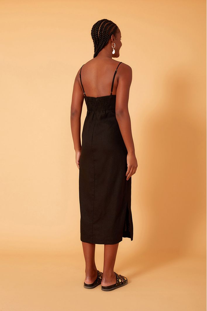 Vestido Linho Midi Com Fenda