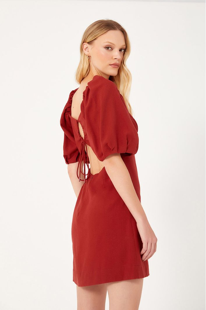 Vestido Curto Linho Manga Bufante