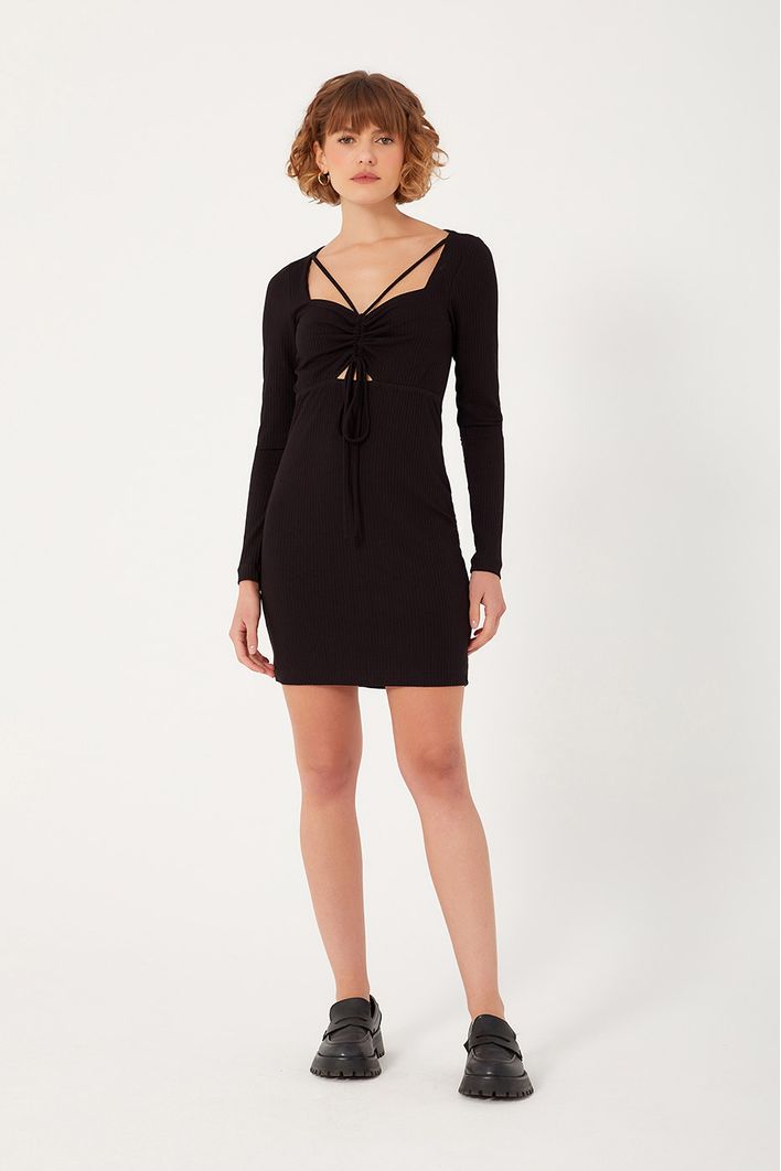 Vestido Canelado Busto Franzido
