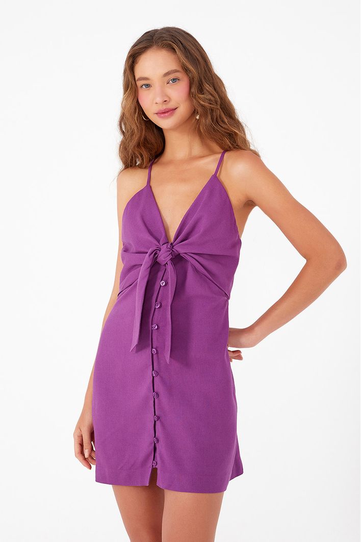 Vestido Curto Linho Amarração Busto