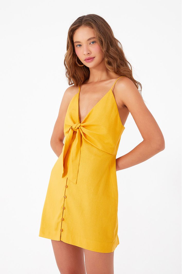 Vestido Curto Linho Amarração Busto
